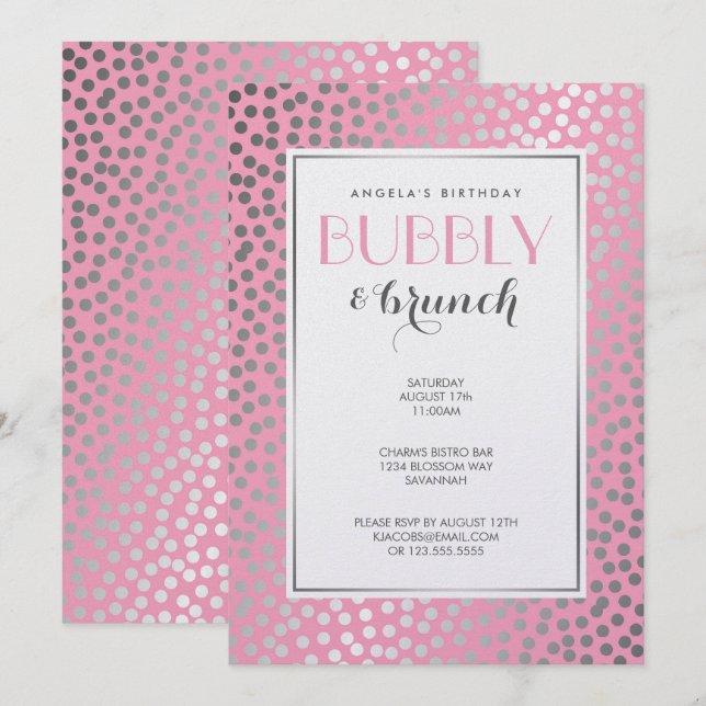 Invitation Confetti Pois Pastel Pink and Silver (Devant / Derrière)