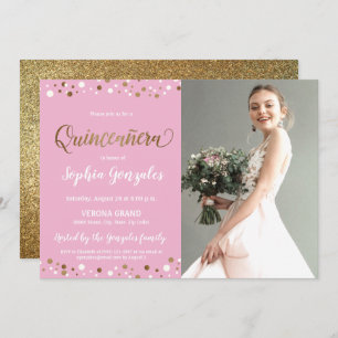 Invitation Confetti Quinceanera en or rose photo 15e annivers