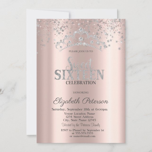 Invitation Confetti Rose d'argent moderne Gold Sweet 16 (Devant)