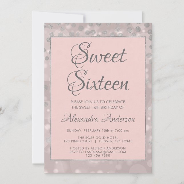Invitation Confetti rose et argent blanc doux 16 Anniversaire (Devant)
