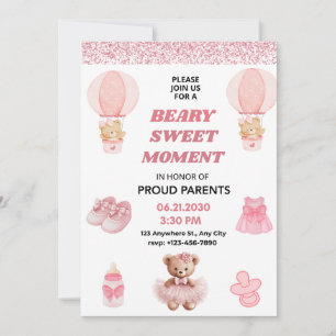 INVITATION CONFETTI ROSE HAUT 5X7 OURSON FILLE BABY SHOWER