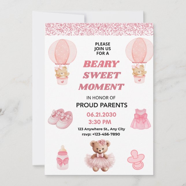 INVITATION CONFETTI ROSE HAUT 5X7 OURSON FILLE BABY SHOWER (Devant)