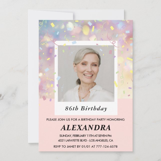 Invitation Confetti rose moderne Photo 86e anniversaire (Devant)