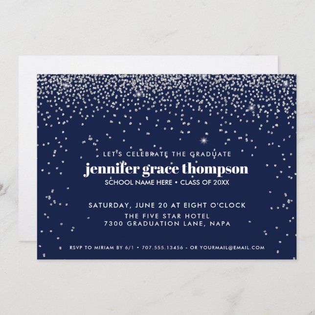 Invitation Confetti Silver and Blue Photo Graduation Party (Devant / Derrière)