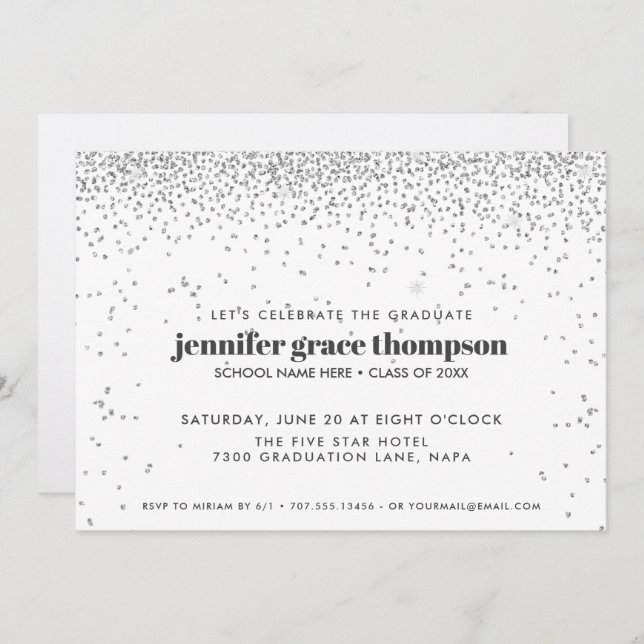 Invitation Confetti Silver and White Photo Graduation Party (Devant / Derrière)