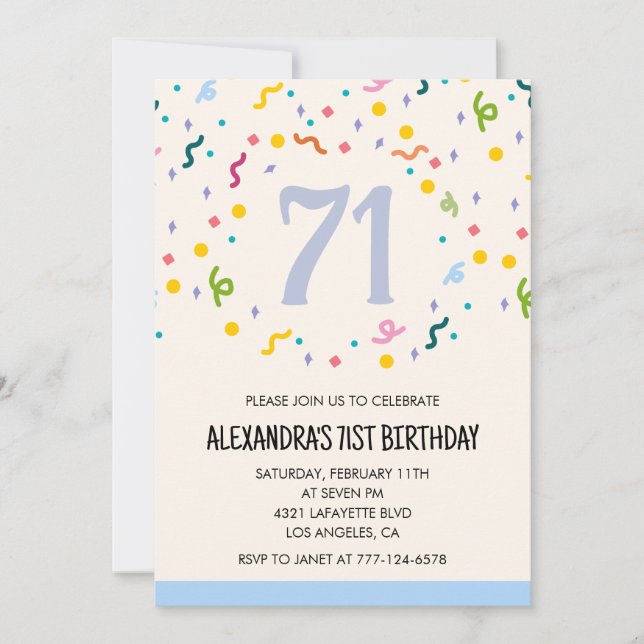 Invitation Confetti Simple moderne 71e anniversaire invitatio (Devant)