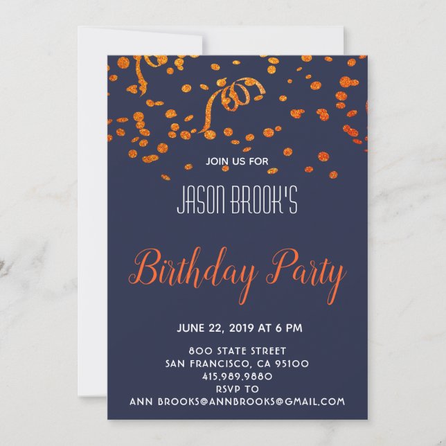Invitation Confetti Sur Blue Black Anniversaire Party (Devant)