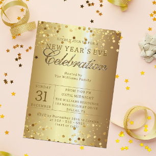 Invitation Confetti sur Gold Metallic New Year's Eve Party