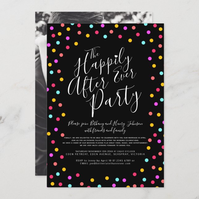 Invitation Confetti sur le noir heureux après la fête de mari (Devant / Derrière)