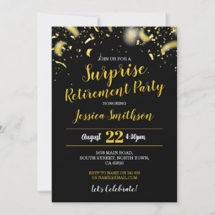 Invitation Confetti Surprise Retraite Party Black Gold