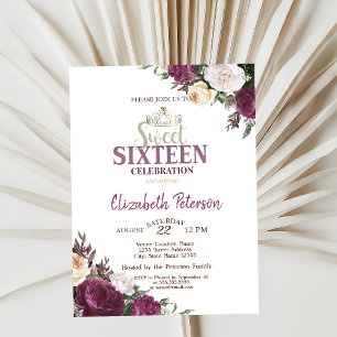 Invitation Confetti Tiara Bourgogne Fleurs Douce 16 Party