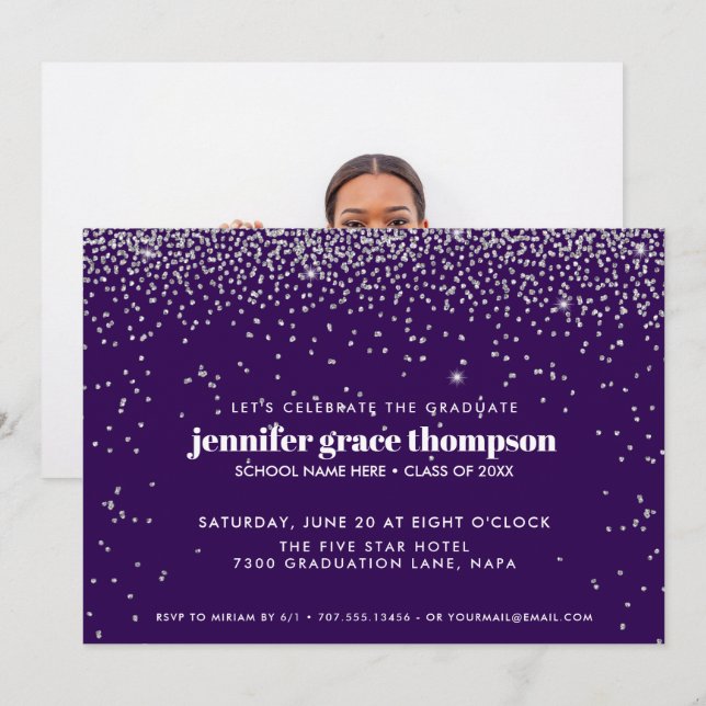 Invitation Confettis Argent et Violet Photo Fête de Remise de (Devant / Derrière)