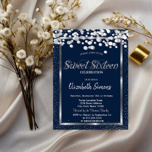 Invitation Confettis Argent Points Bleu Nuit Sweet 16