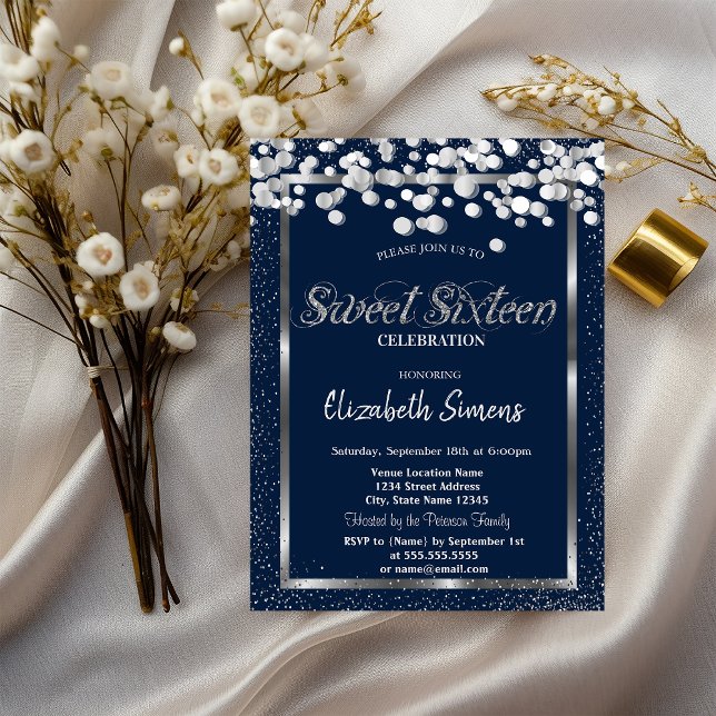 Invitation Confettis Argent Points Bleu Nuit Sweet 16 (Créateur téléchargé)