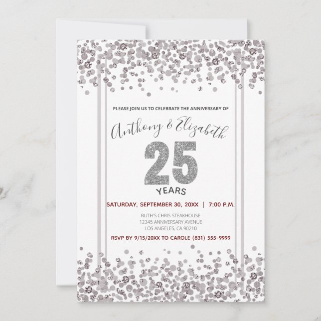 Invitation Confettis argentés de style paillettes pour 25e an (Devant)