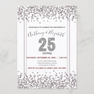 Invitation Confettis argentés de style paillettes pour 25e an