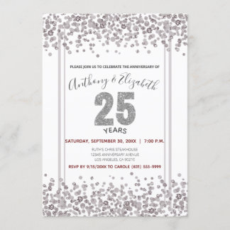 Invitation Confettis argentés de style paillettes pour 25e an