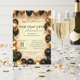 Invitation Confettis Ballons Noir Doré Luxueux Nouvel An
