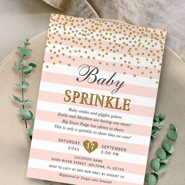 Invitation Confettis Bébé Fille Rose Pâle Rayure Or (Créateur téléchargé)
