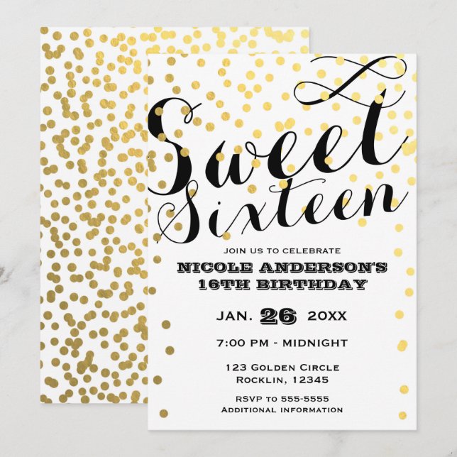 Invitation Confettis Blancs et Dorés Feuille SWEET 16 SEIZE (Devant / Derrière)
