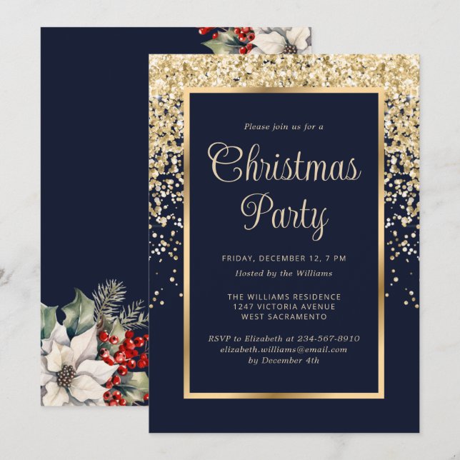 Invitation Confettis Botaniques Bleu Or pour Fête de Noël (Devant / Derrière)