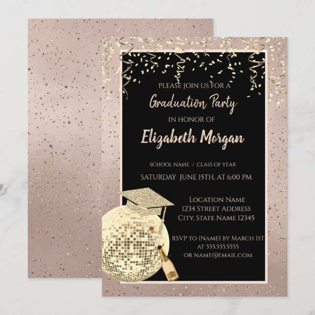 Invitation Confettis Boule à Facettes, Vin Rose Gold Diplômé (Devant / Derrière)