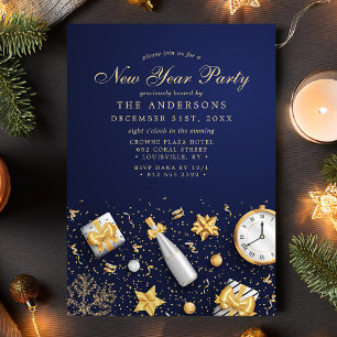 Invitation Confettis Champagne Or Bleu Marine Fête Nouvel An