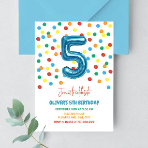Invitation Confettis Colorés Cinq Ballon Anniversaire 5 Ans G