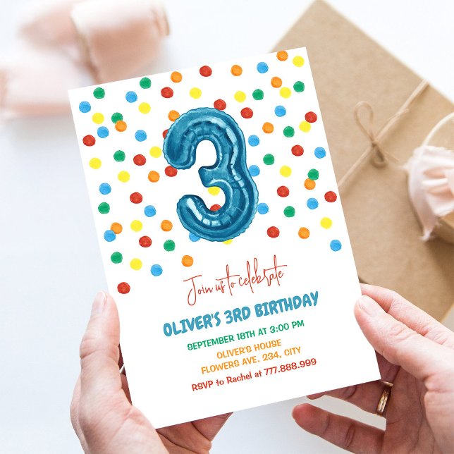 Invitation Confettis Colorés Trois Ballons 3ème Anniversaire  (Créateur téléchargé)