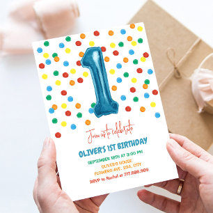 Invitation Confettis Colorés Un Ballon Anniversaire 1ère Garç