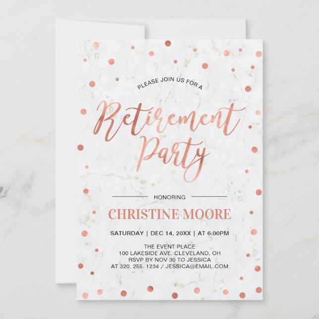 Invitation Confettis cuivrés et marbre | Fête de retraite mod (Devant)