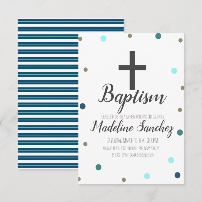 Invitation Confettis de baptême bleu en feuille dorée à pois (Devant / Derrière)