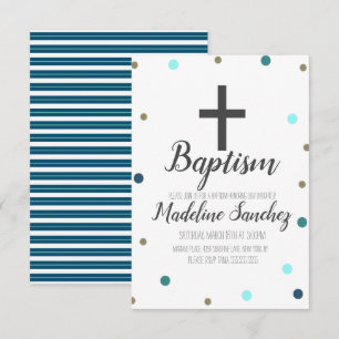 Invitation Confettis de baptême bleu en feuille dorée à pois