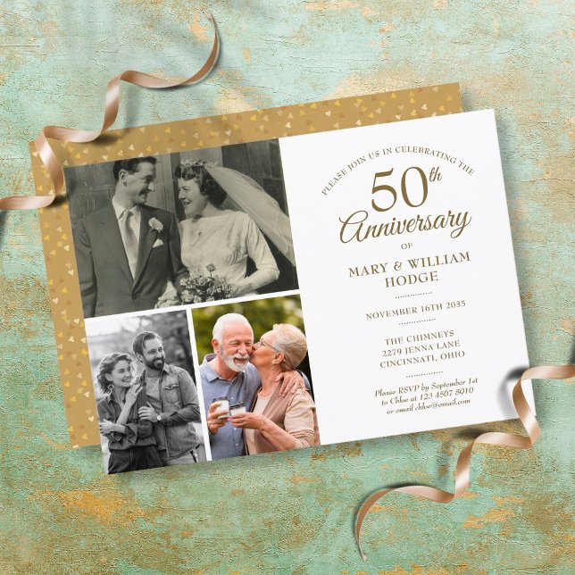 Invitation Confettis de cœur dorés pour 50e anniversaire 3 ph (Créateur téléchargé)