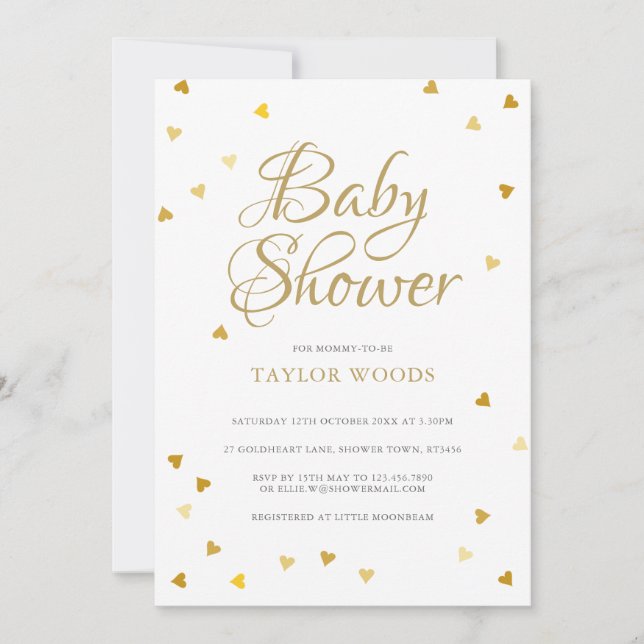 Invitation Confettis de coeurs d'amour dorés Baby Shower / Sp (Devant)