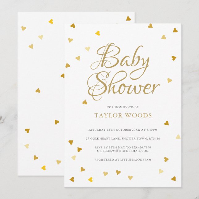 Invitation Confettis de coeurs d'amour dorés Baby Shower / Sp (Devant / Derrière)