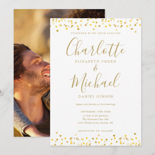Invitation Confettis de coeurs dorés Élégant Script Photo Mar