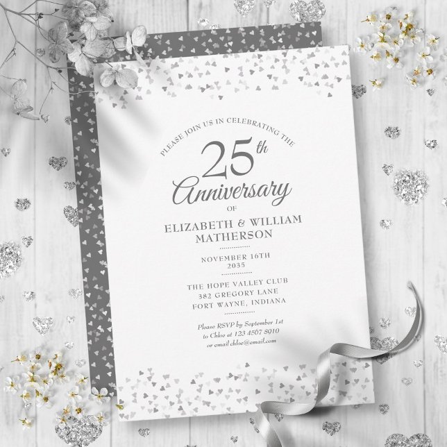 Invitation Confettis de coeurs en argent pour les 25 ans de m (25th Wedding Anniversary Silver Hearts Confetti Invitation)