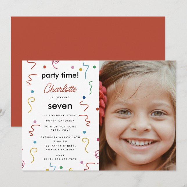 Invitation Confettis de fête colorés Anniversaire Photo (Devant / Derrière)