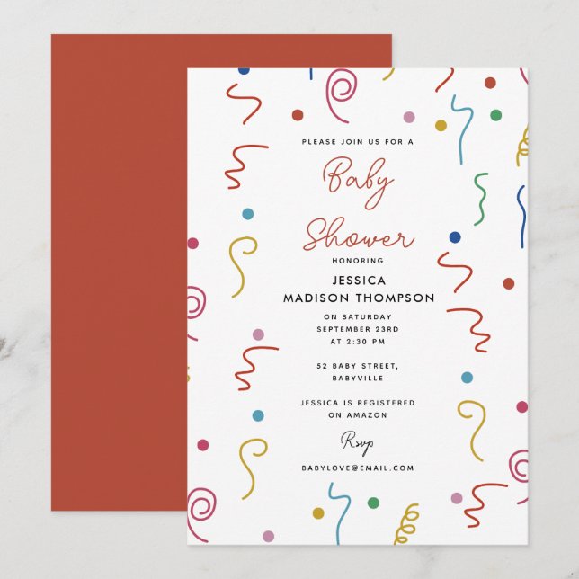 Invitation Confettis de fête colorés Baby Shower (Devant / Derrière)