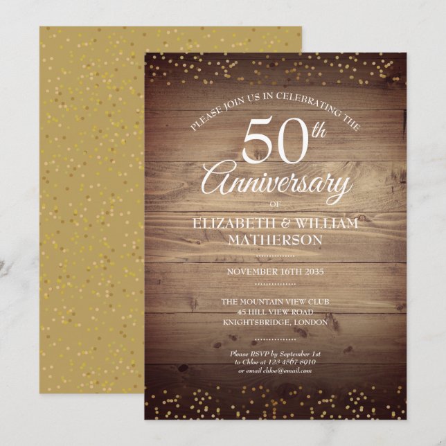 Invitation Confettis de poussière d'or pour le 50e anniversai (Devant / Derrière)