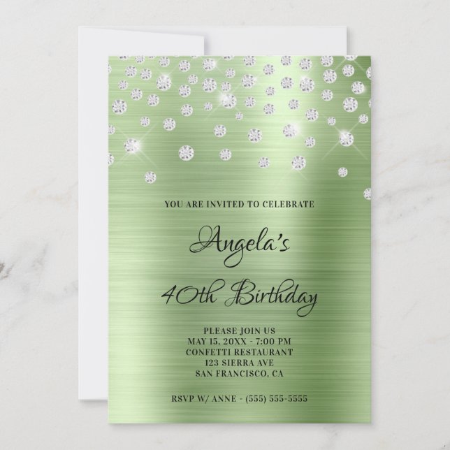 Invitation Confettis Diamants Satin de Feuille Ombre Menthe (Devant)