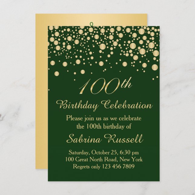 Invitation Confettis d'or, fête d'anniversaire 100 vert-foncé (Devant / Derrière)
