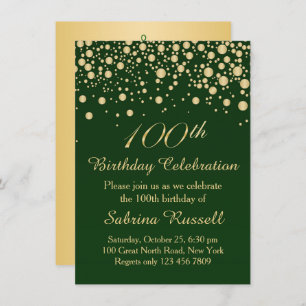 Invitation Confettis d'or, fête d'anniversaire 100 vert-foncé