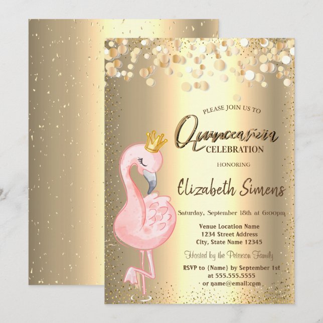 Invitation Confettis dorés, Couronne de Quinceañera flamant r (Devant / Derrière)