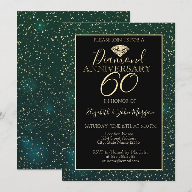 Invitation Confettis dorés diamant vert Mariage Anniversaire  (Devant / Derrière)