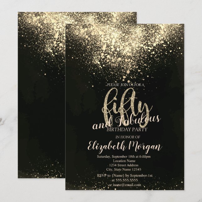 Invitation Confettis dorés élégants Fête d'anniversaire 50 an (Devant / Derrière)
