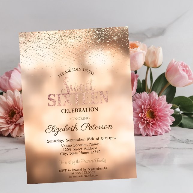 Invitation Confettis dorés élégants modernes, Sweet 16 Bokeh (Créateur téléchargé)
