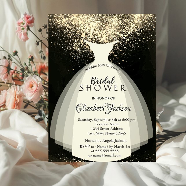 Invitation Confettis dorés élégants, robe, douche de mariée (Créateur téléchargé)