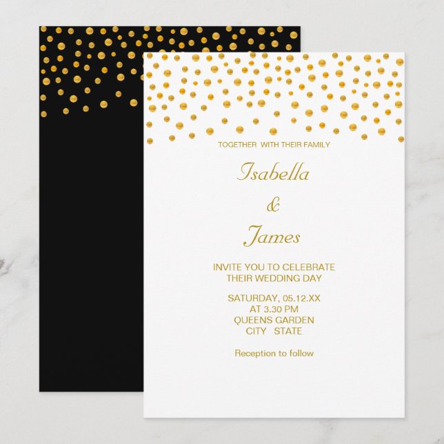 Invitation Confettis dorés élégants sur fond noir et blanc (Devant / Derrière)